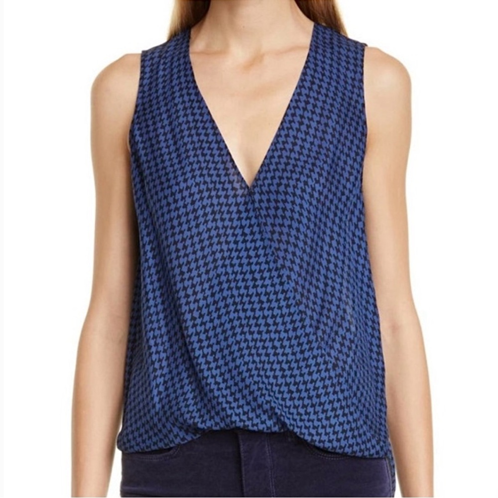L’Agence Mila Silk Wrap Tank Top Sleeveless Houndstooth V Neck Sz M Blue Black